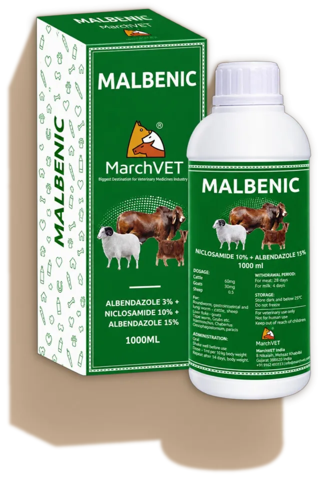 MALBENIC (ALBENDAZOLE 30MG + NICLOSAMIDE 100MG)
      (ALBENDAZOLE 150MG + NICLOSAMIDE 500MG)