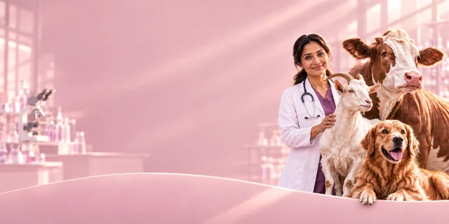 Veterinarian with a cow, goat and dog - Marchvet