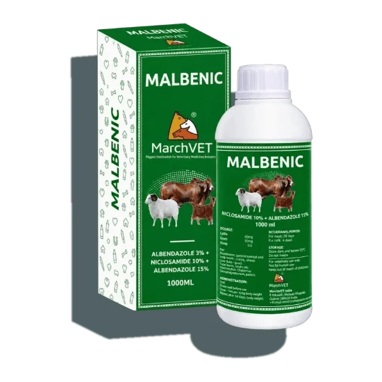 MALBENIC (ALBENDAZOLE 30MG + NICLOSAMIDE 100MG)
(ALBENDAZOLE 150MG + NICLOSAMIDE 500MG)